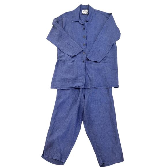 Flax by Jeanne Engelhart Pants Jacket Set Womens Small Blue Linen Button Up Suit - Picture 1 of 11